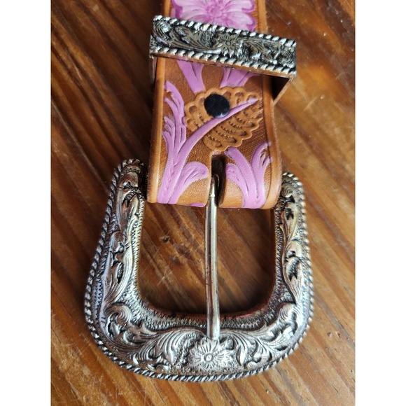 Hand Tooled &‎ Painted Leather Belt AB Swarovski Iridescent Crystals Custom M/L - Picture 9 of 14